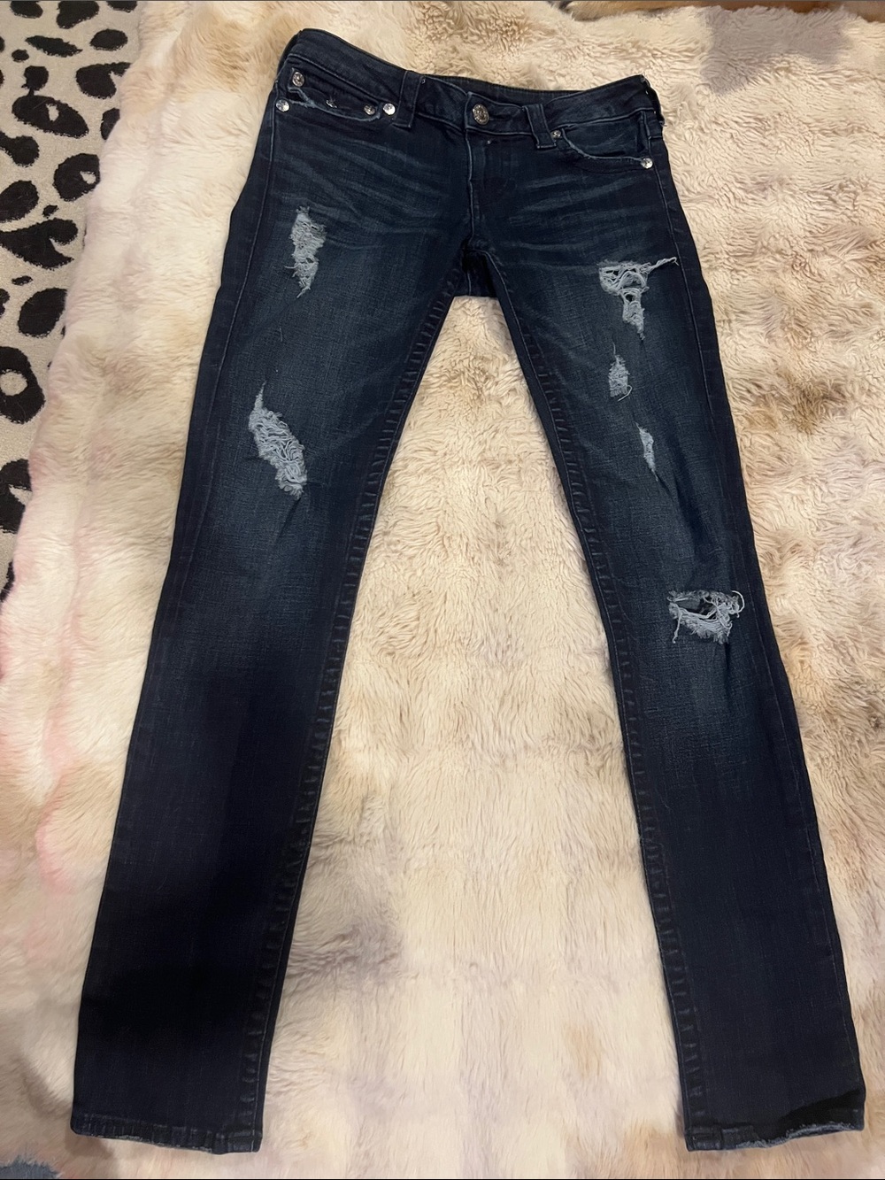 True Religion Women’s Size 27 Dark Wash Distressed Jeans Made in USA